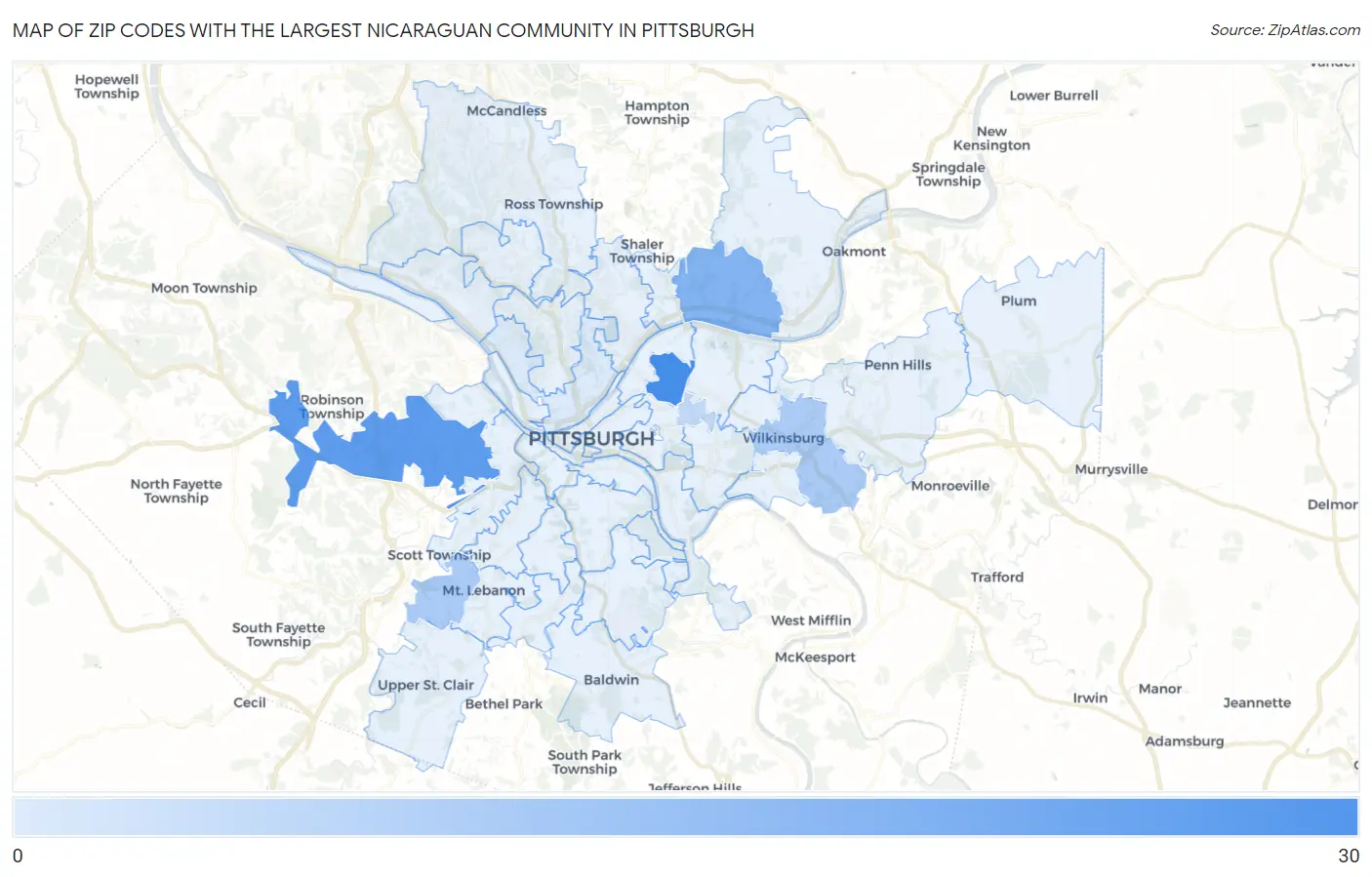 Zip Codes with the Largest Nicaraguan Community in Pittsburgh Map