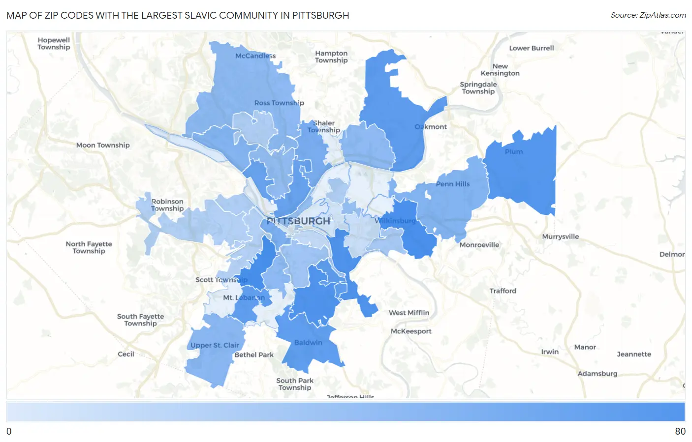 Zip Codes with the Largest Slavic Community in Pittsburgh Map