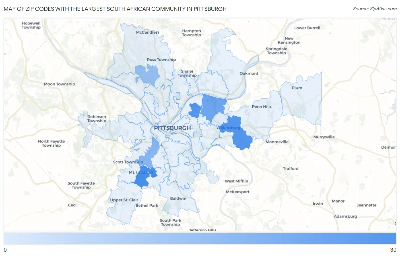 Zip Codes with the Largest South African Community in Pittsburgh Map