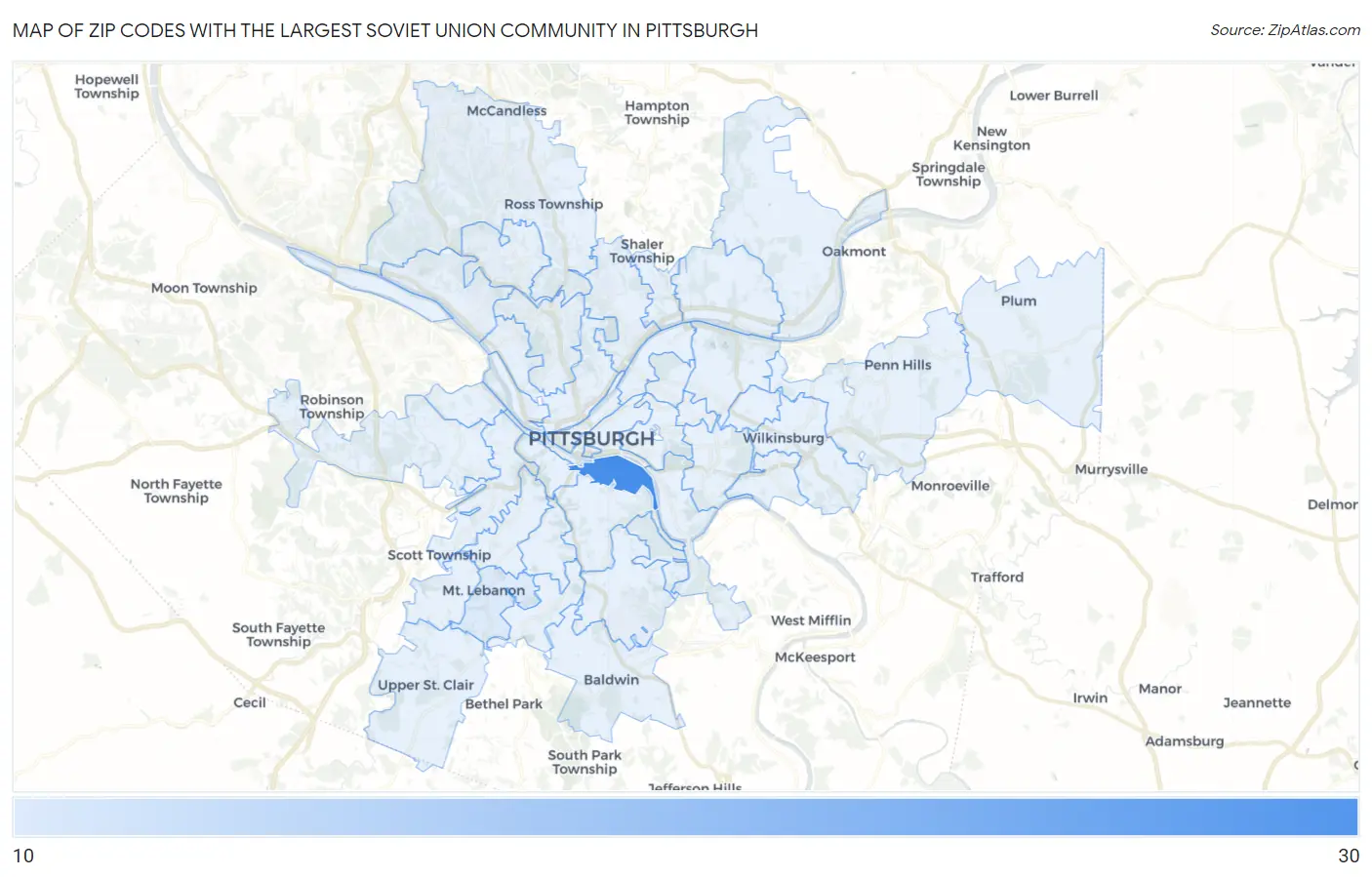 Zip Codes with the Largest Soviet Union Community in Pittsburgh Map