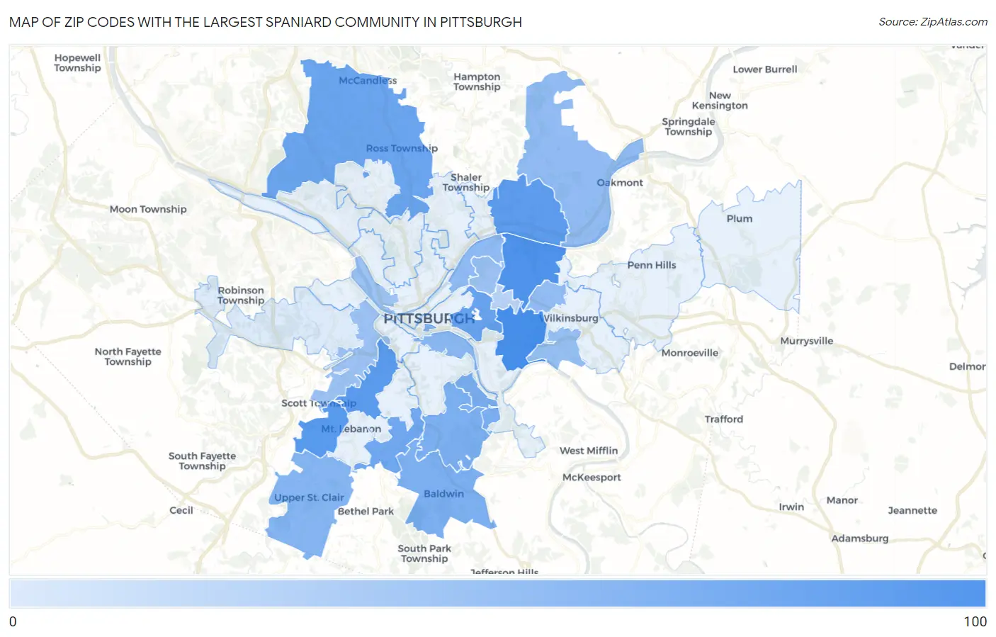 Zip Codes with the Largest Spaniard Community in Pittsburgh Map