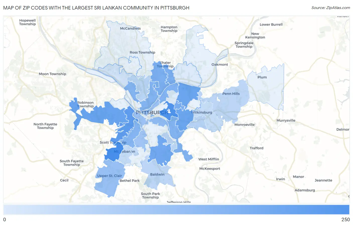 Zip Codes with the Largest Sri Lankan Community in Pittsburgh Map