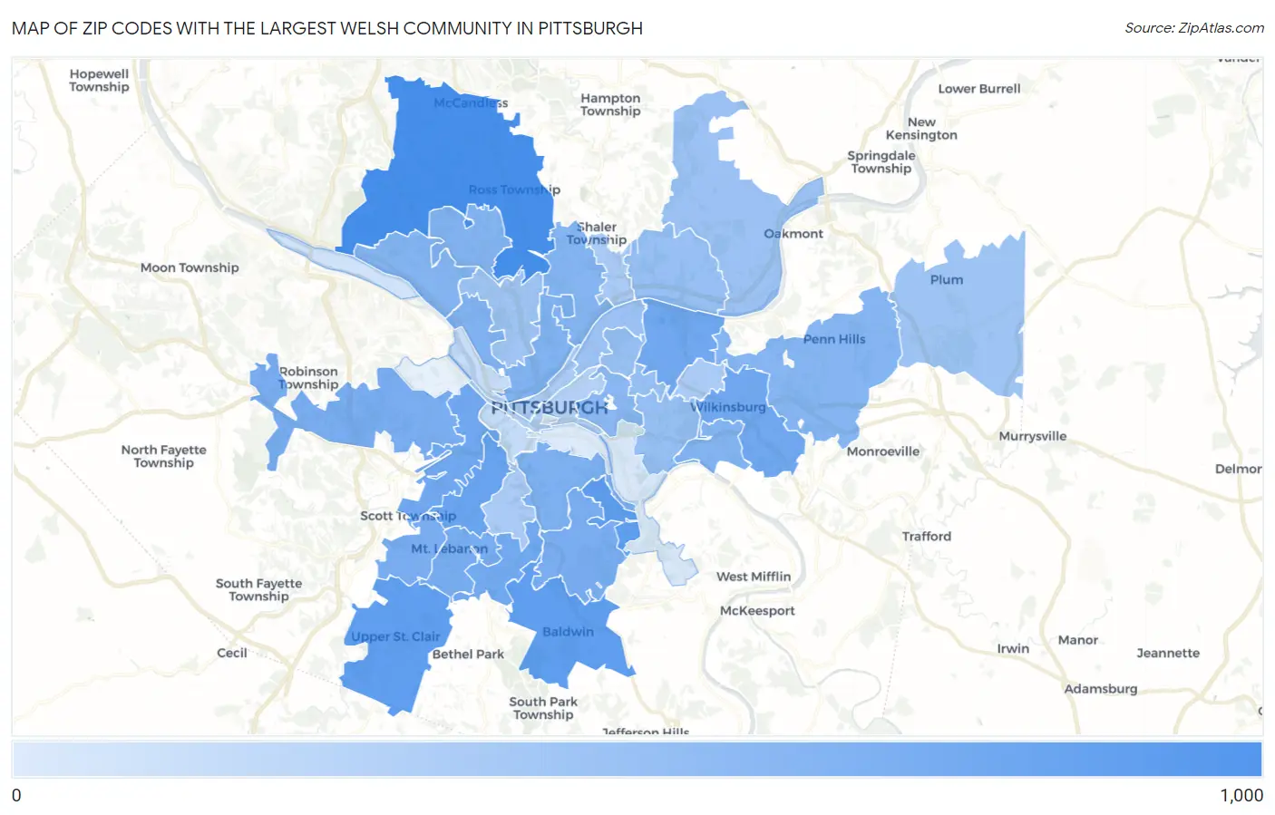 Zip Codes with the Largest Welsh Community in Pittsburgh Map