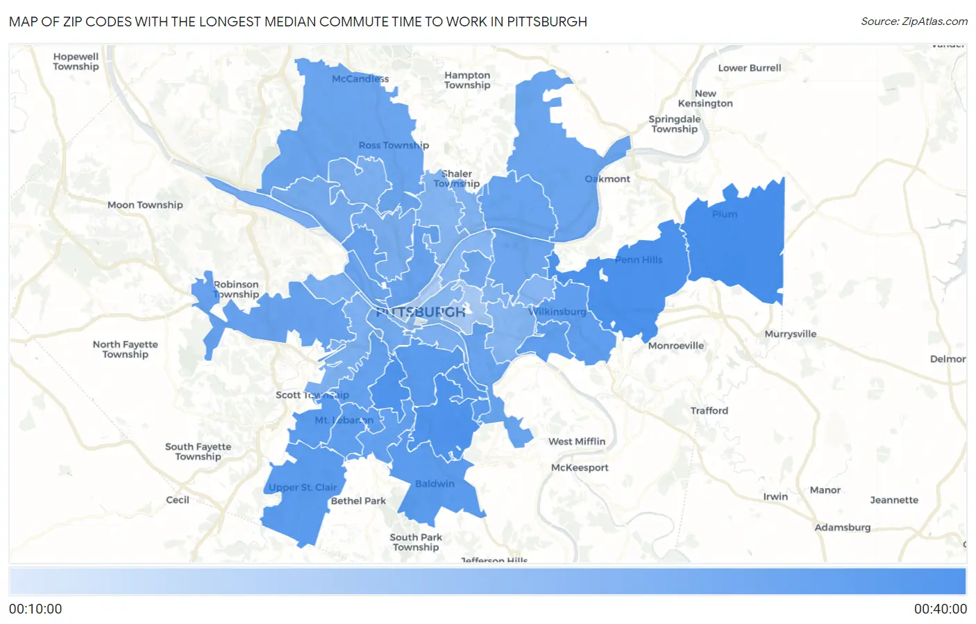 Zip Codes with the Longest Median Commute Time to Work in Pittsburgh Map