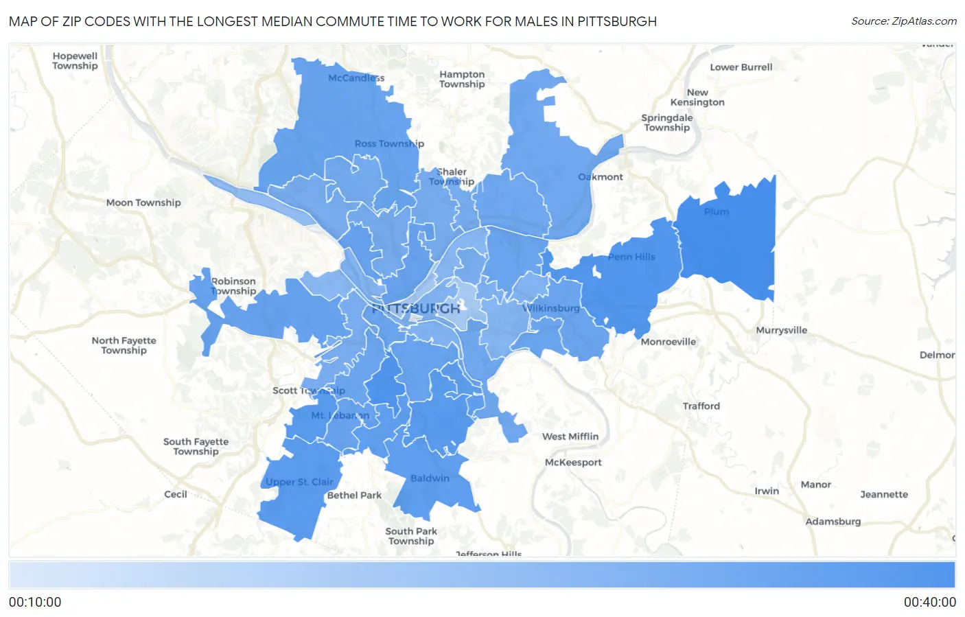 Zip Codes with the Longest Median Commute Time to Work for Males in Pittsburgh Map