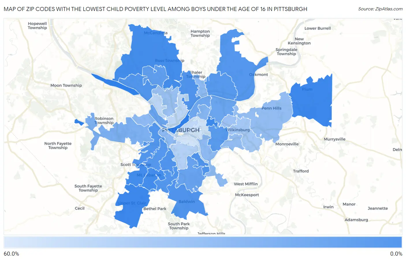 Zip Codes with the Lowest Child Poverty Level Among Boys Under the Age of 16 in Pittsburgh Map