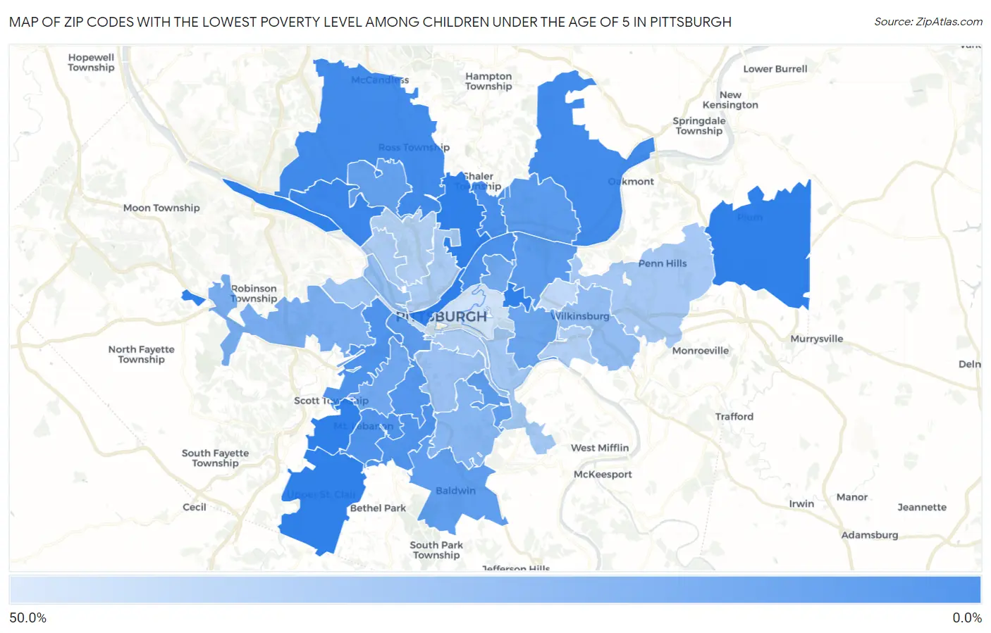 Zip Codes with the Lowest Poverty Level Among Children Under the Age of 5 in Pittsburgh Map