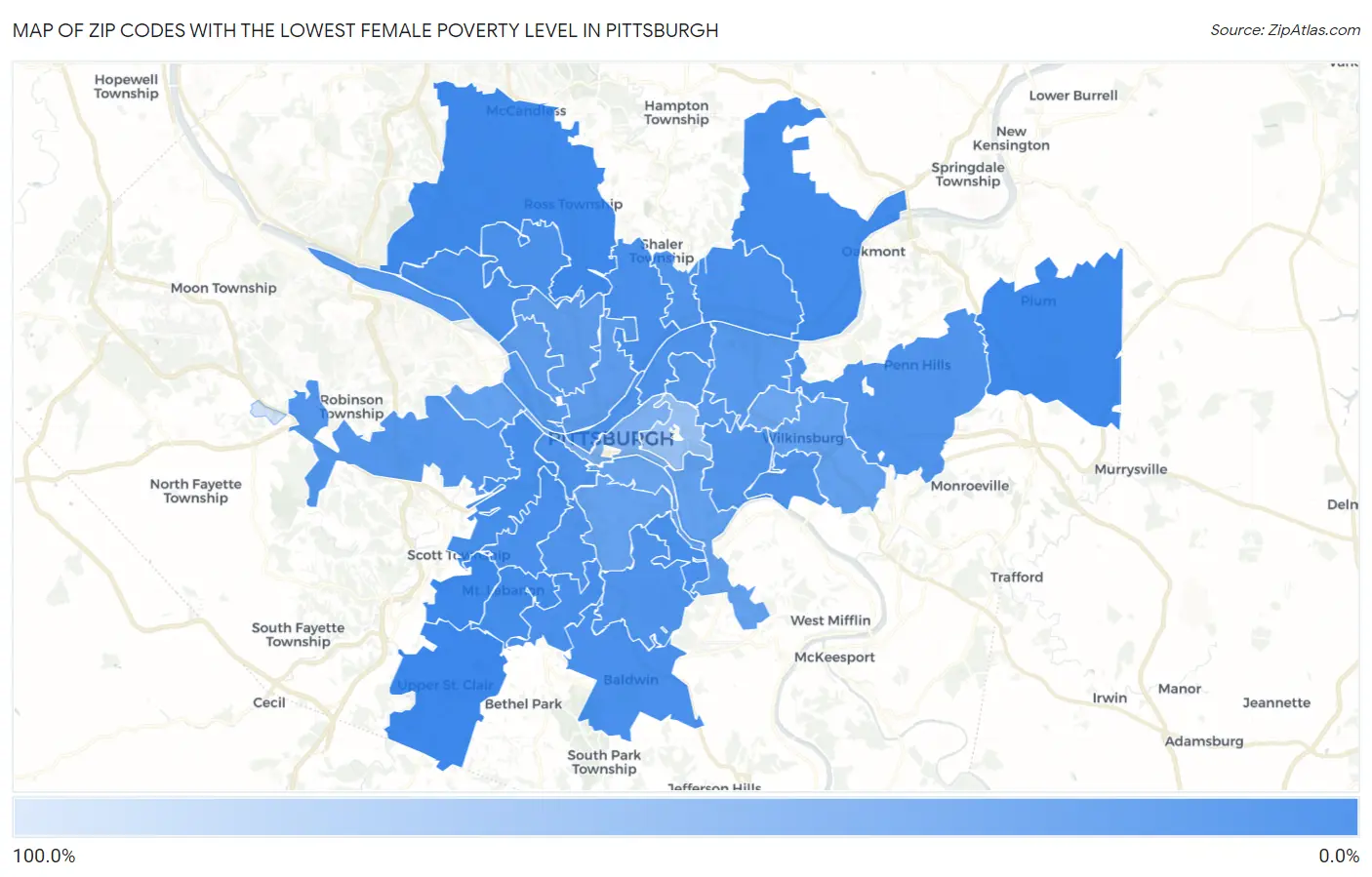 Zip Codes with the Lowest Female Poverty Level in Pittsburgh Map