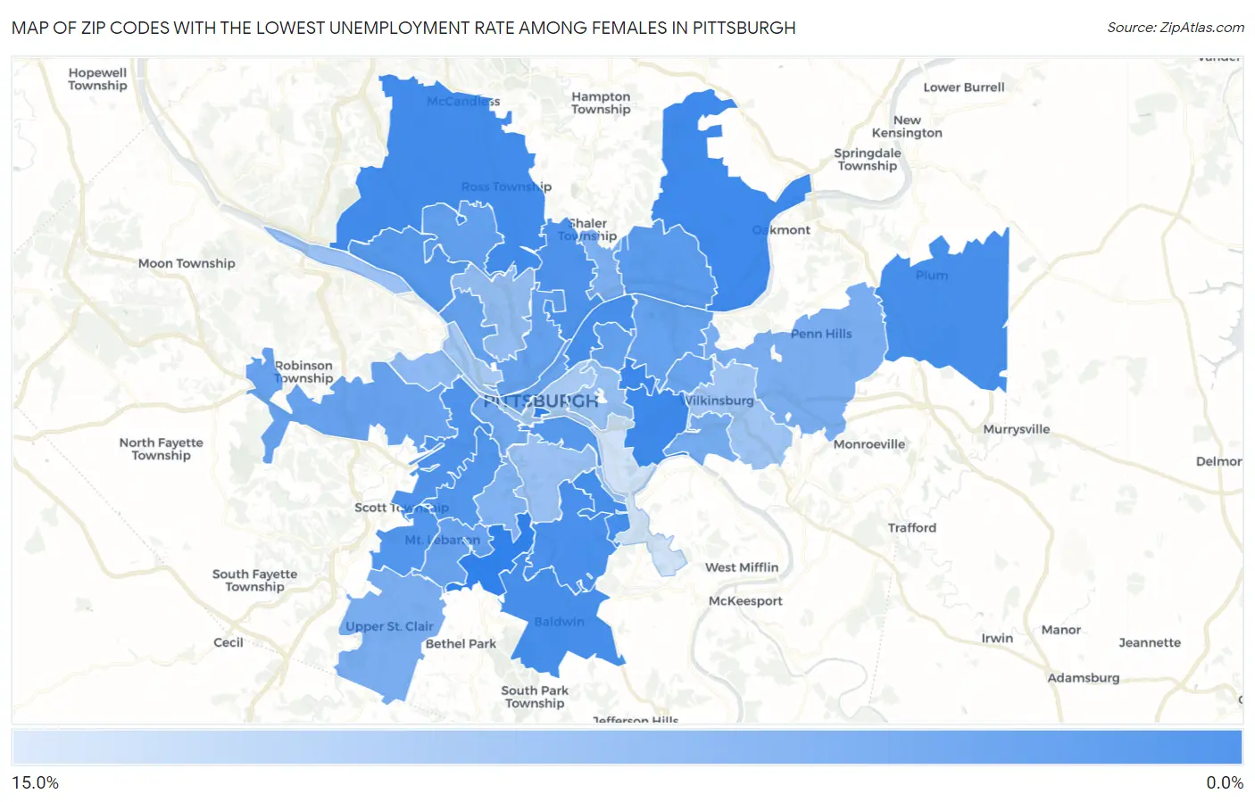 Zip Codes with the Lowest Unemployment Rate Among Females in Pittsburgh Map