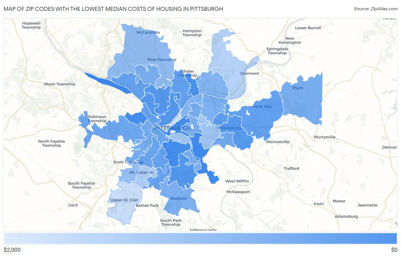 Zip Codes with the Lowest Median Costs of Housing in Pittsburgh Map