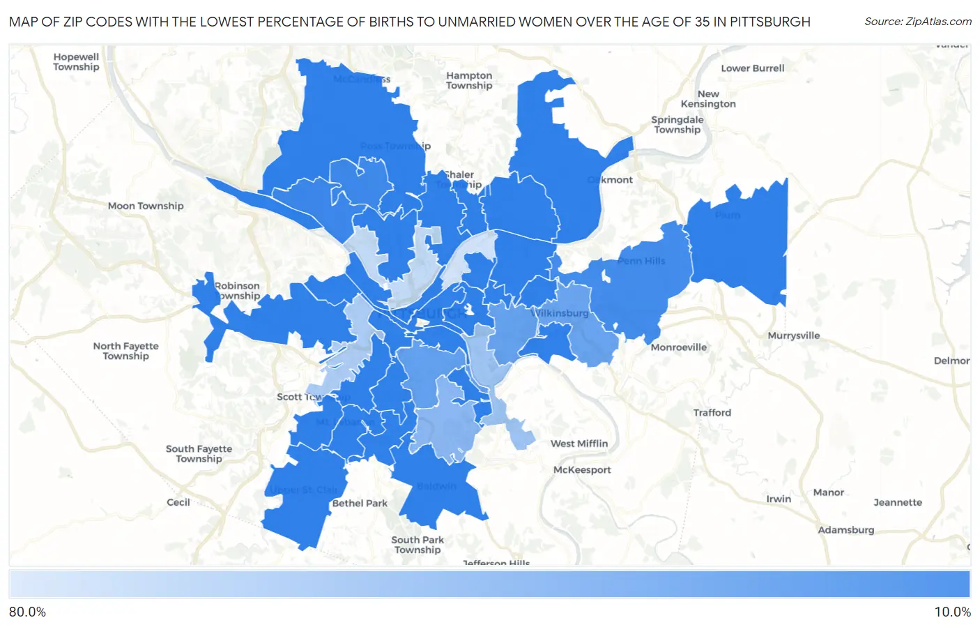 Zip Codes with the Lowest Percentage of Births to Unmarried Women over the Age of 35 in Pittsburgh Map