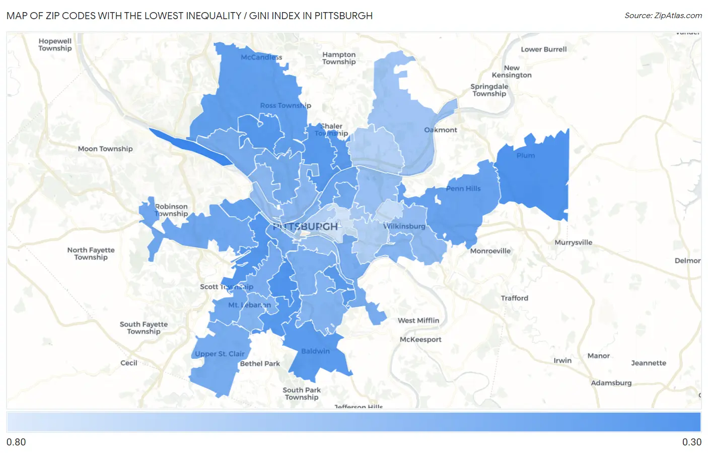 Zip Codes with the Lowest Inequality / Gini Index in Pittsburgh Map