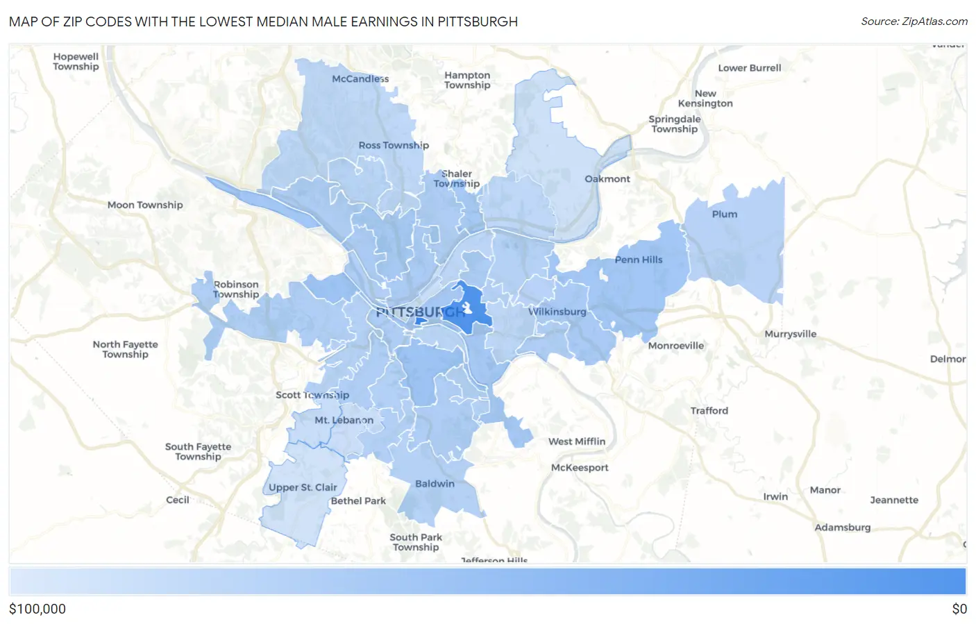 Zip Codes with the Lowest Median Male Earnings in Pittsburgh Map