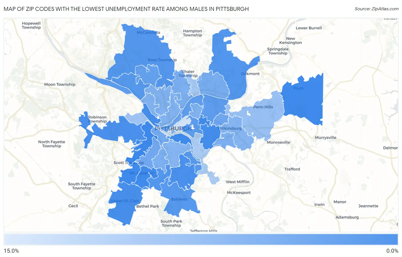 Zip Codes with the Lowest Unemployment Rate Among Males in Pittsburgh Map