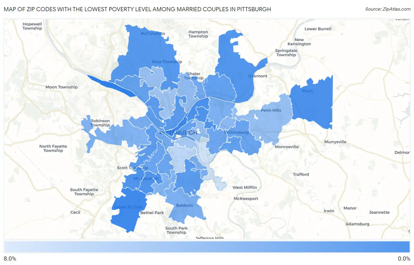 Zip Codes with the Lowest Poverty Level Among Married Couples in Pittsburgh Map