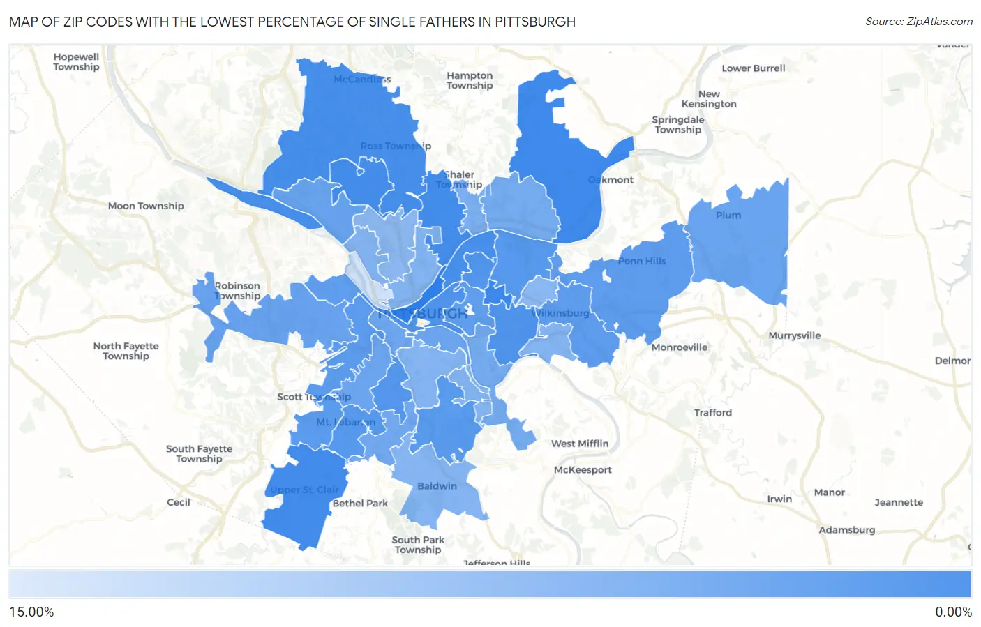 Zip Codes with the Lowest Percentage of Single Fathers in Pittsburgh Map