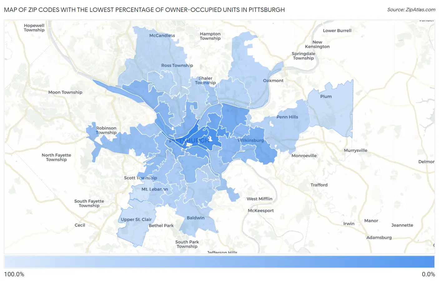 Zip Codes with the Lowest Percentage of Owner-Occupied Units in Pittsburgh Map
