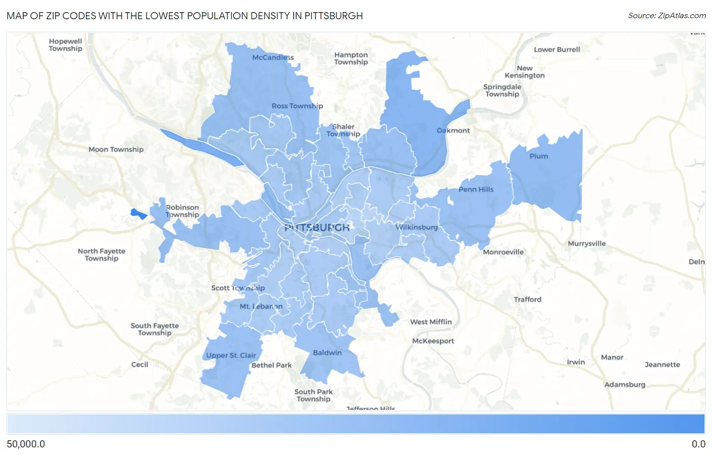 Zip Codes with the Lowest Population Density in Pittsburgh Map