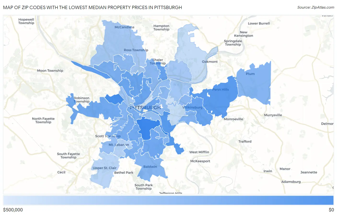 Zip Codes with the Lowest Median Property Prices in Pittsburgh Map
