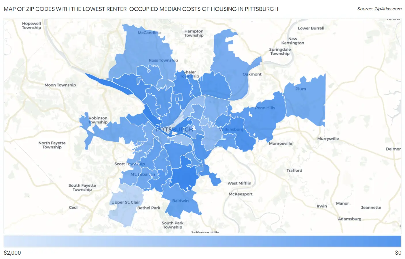 Zip Codes with the Lowest Renter-Occupied Median Costs of Housing in Pittsburgh Map