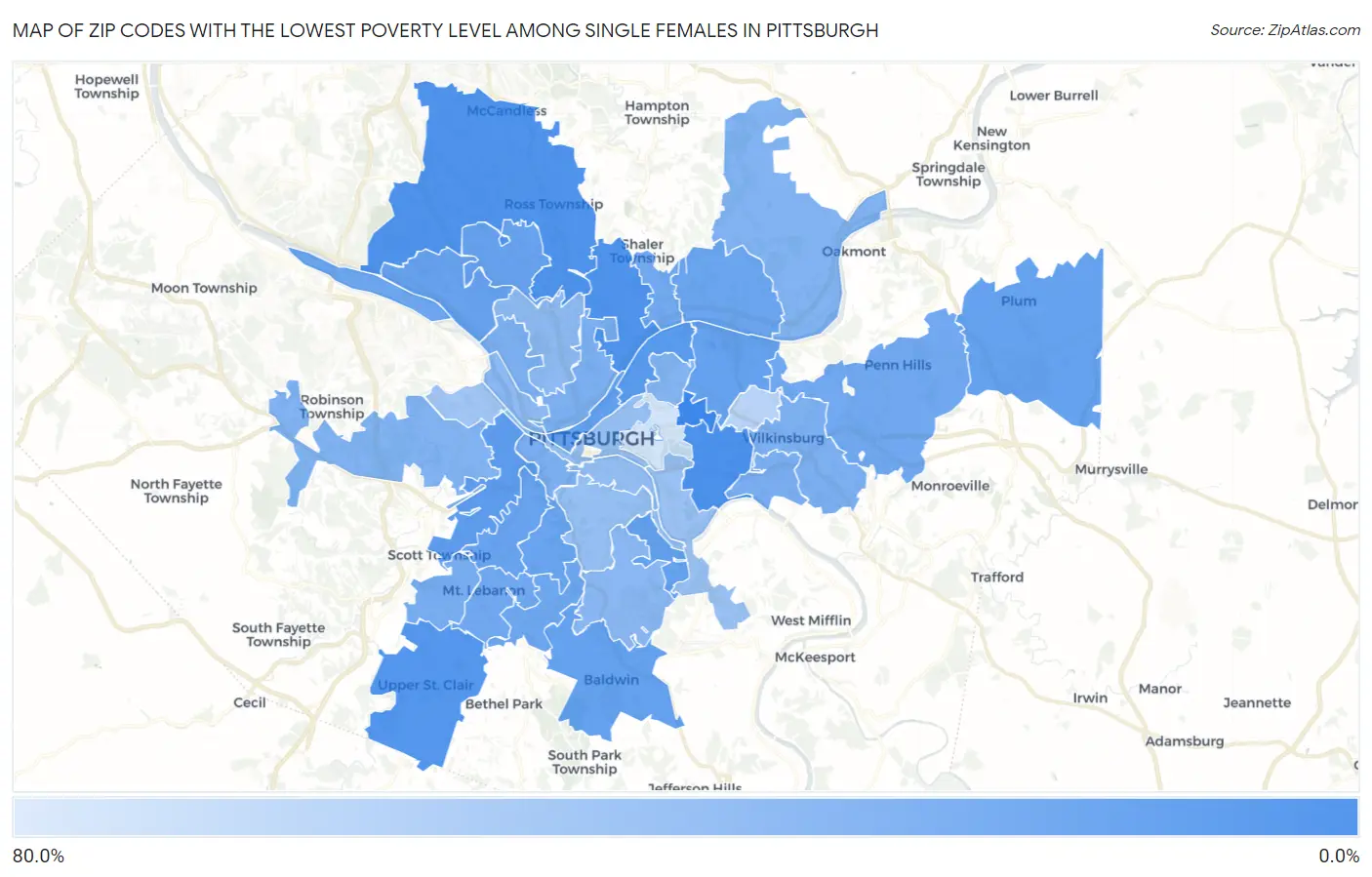 Zip Codes with the Lowest Poverty Level Among Single Females in Pittsburgh Map
