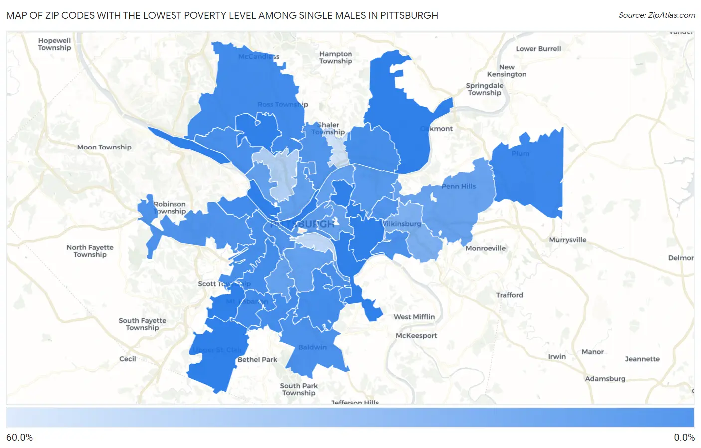 Zip Codes with the Lowest Poverty Level Among Single Males in Pittsburgh Map