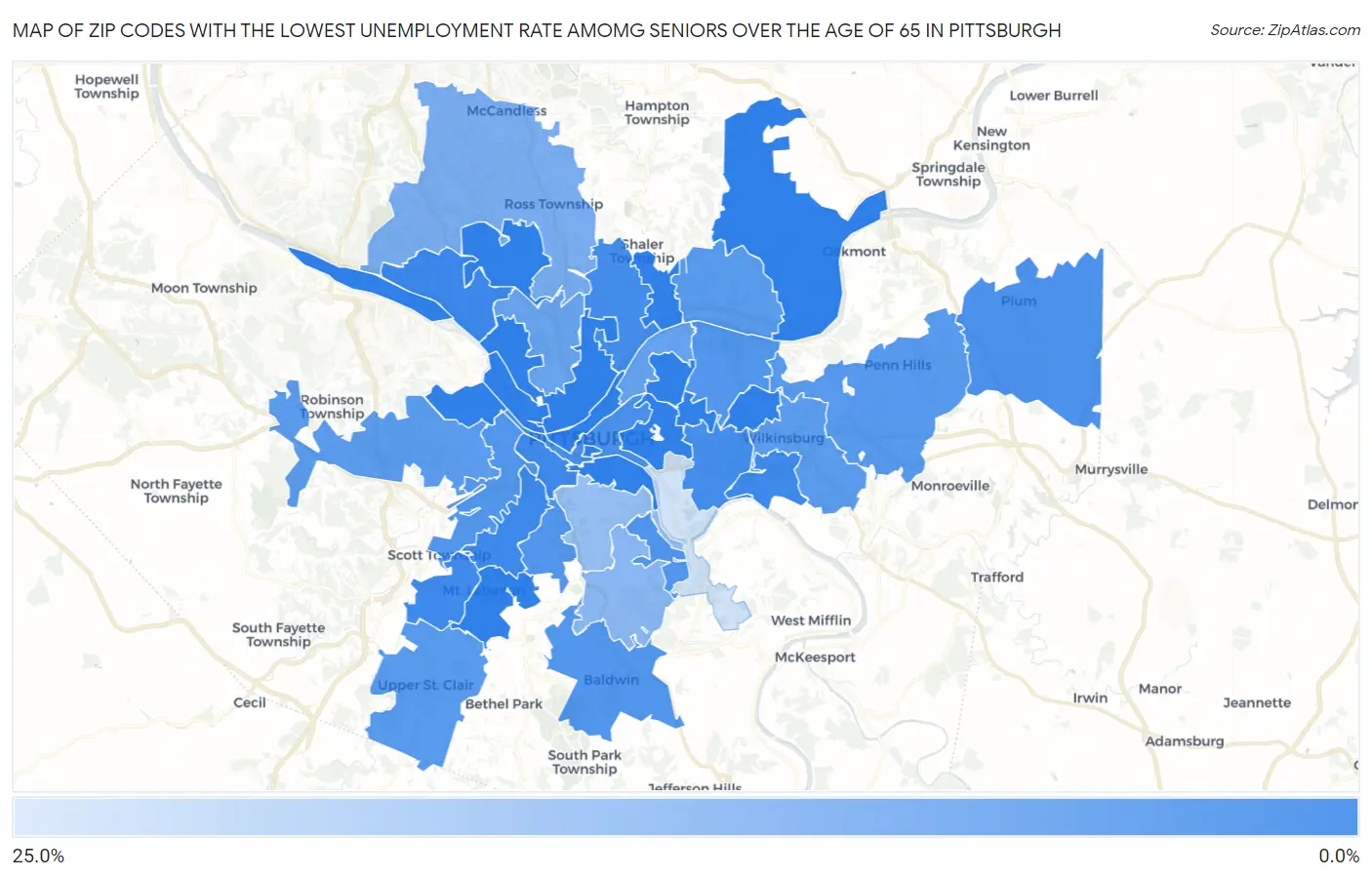 Zip Codes with the Lowest Unemployment Rate Amomg Seniors Over the Age of 65 in Pittsburgh Map