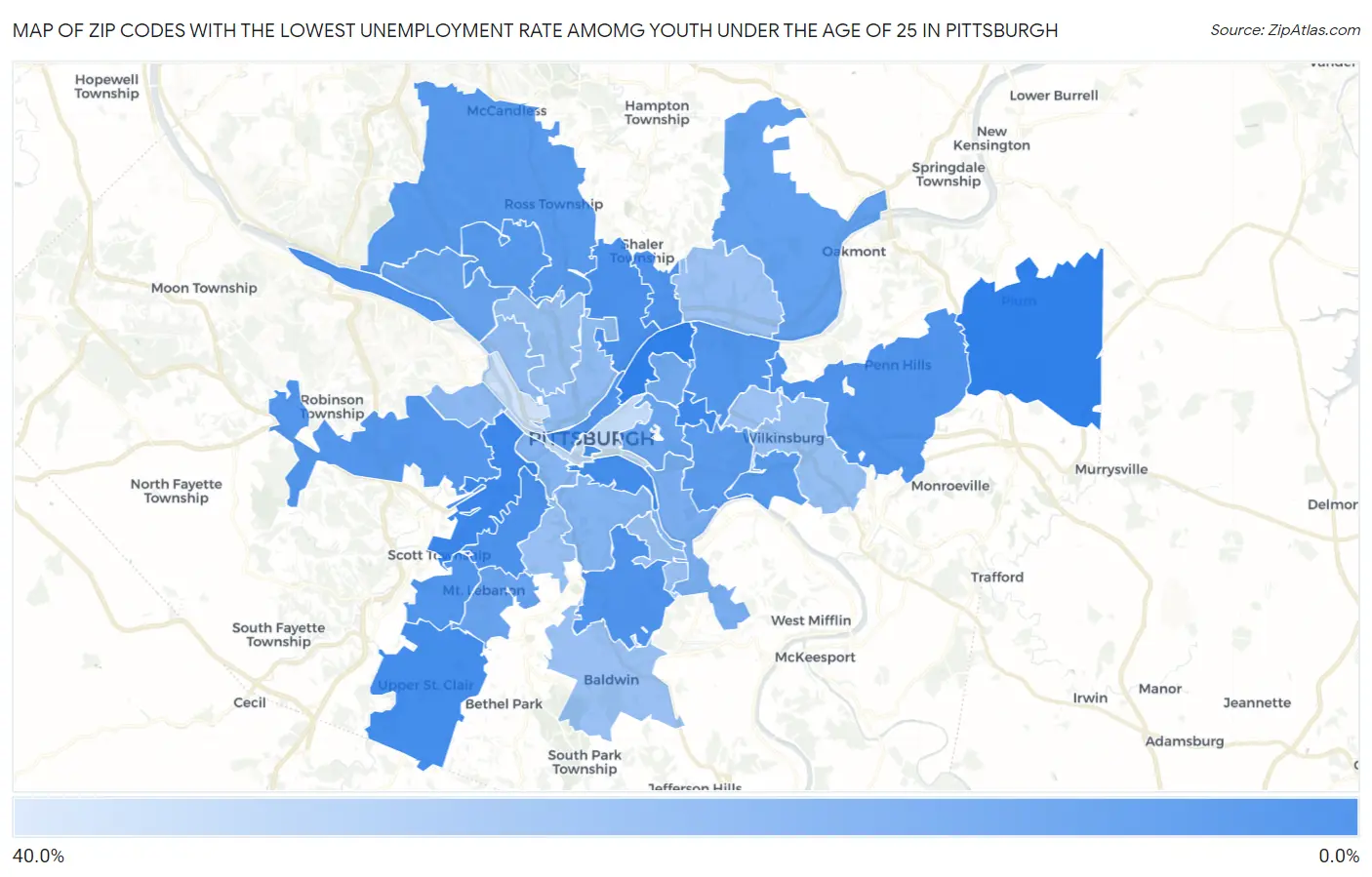 Zip Codes with the Lowest Unemployment Rate Amomg Youth Under the Age of 25 in Pittsburgh Map