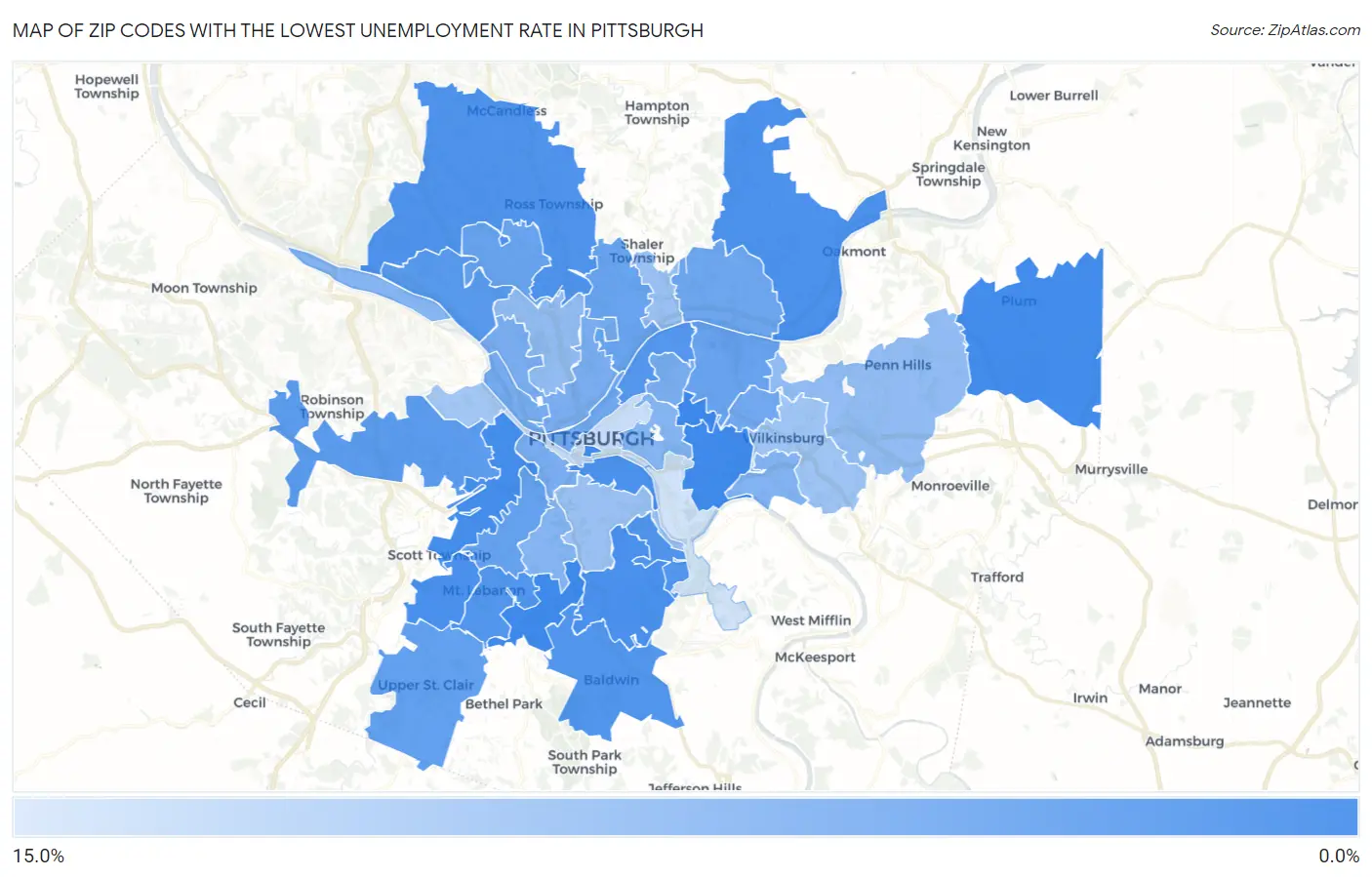 Zip Codes with the Lowest Unemployment Rate in Pittsburgh Map