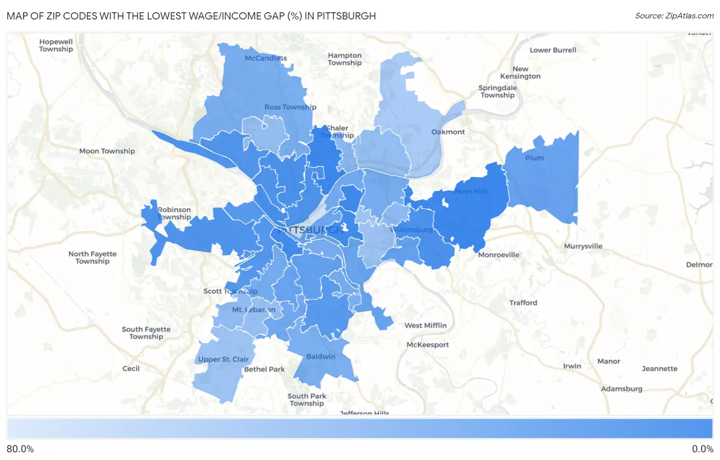 Zip Codes with the Lowest Wage/Income Gap (%) in Pittsburgh Map