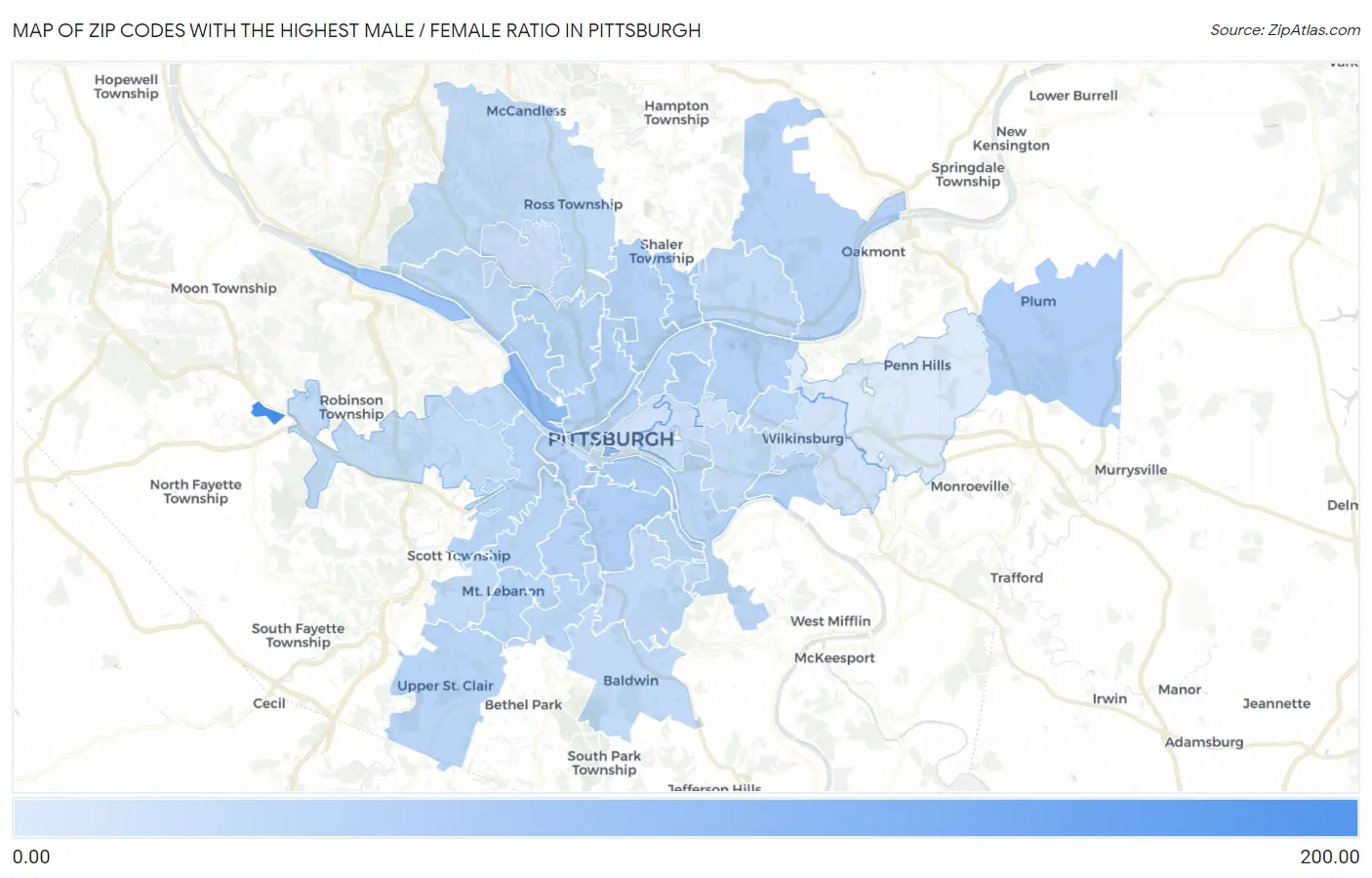 Zip Codes with the Highest Male / Female Ratio in Pittsburgh Map