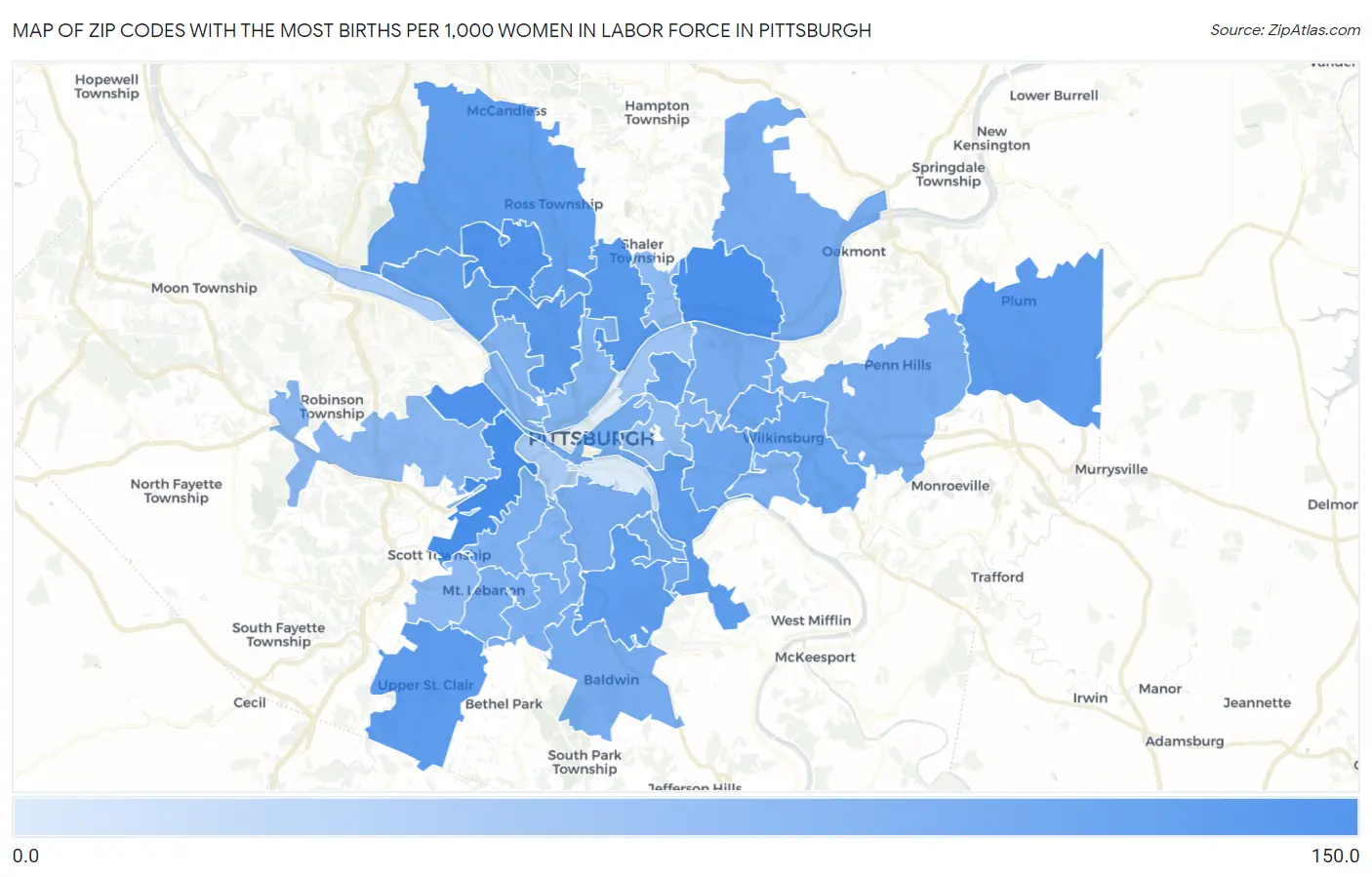 Zip Codes with the Most Births per 1,000 Women in Labor Force in Pittsburgh Map