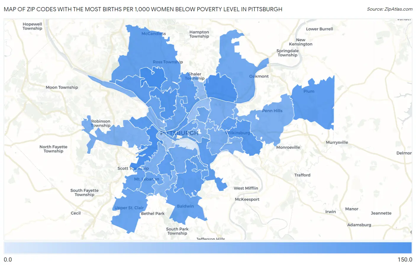 Zip Codes with the Most Births per 1,000 Women Below Poverty Level in Pittsburgh Map