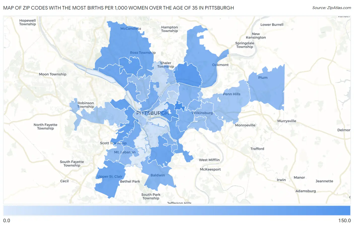 Zip Codes with the Most Births per 1,000 Women Over the Age of 35 in Pittsburgh Map