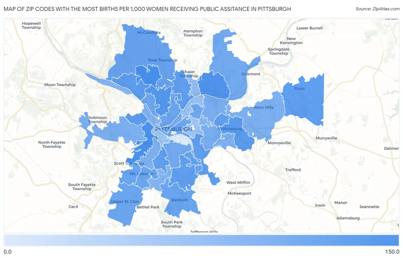 Zip Codes with the Most Births per 1,000 Women Receiving Public Assitance in Pittsburgh Map