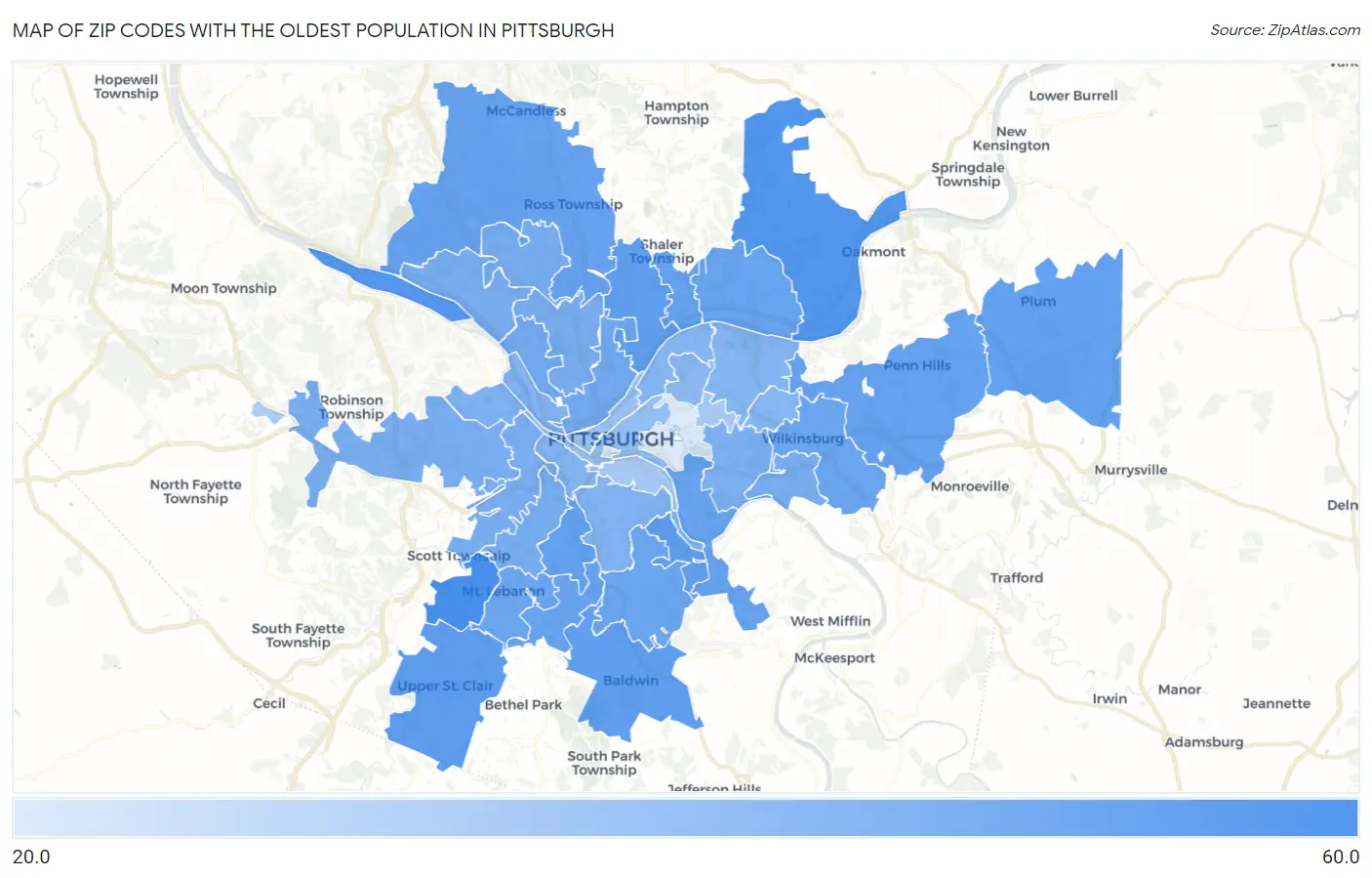 Zip Codes with the Oldest Population in Pittsburgh Map