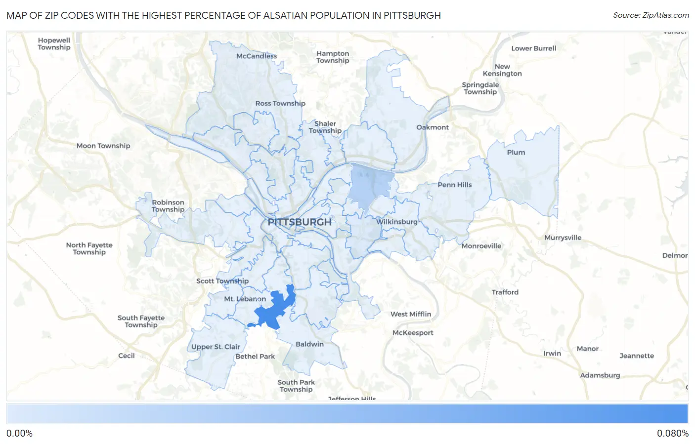Zip Codes with the Highest Percentage of Alsatian Population in Pittsburgh Map
