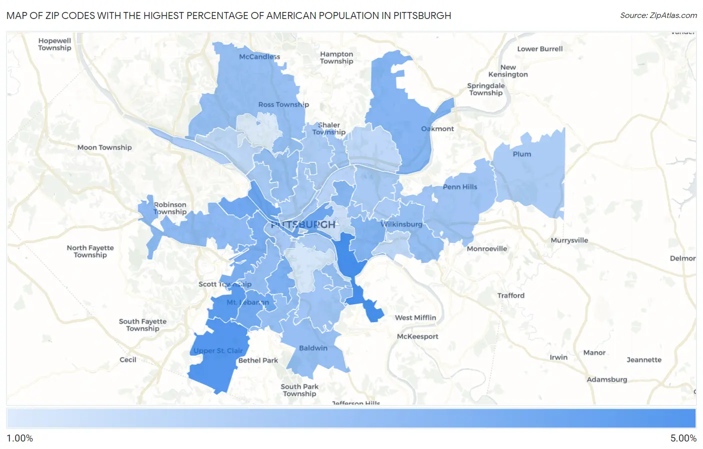 Zip Codes with the Highest Percentage of American Population in Pittsburgh Map