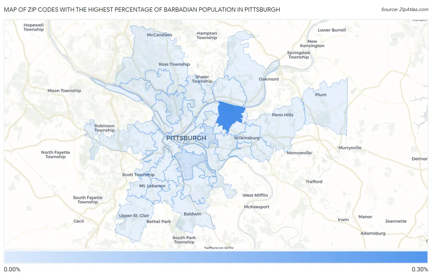 Zip Codes with the Highest Percentage of Barbadian Population in Pittsburgh Map