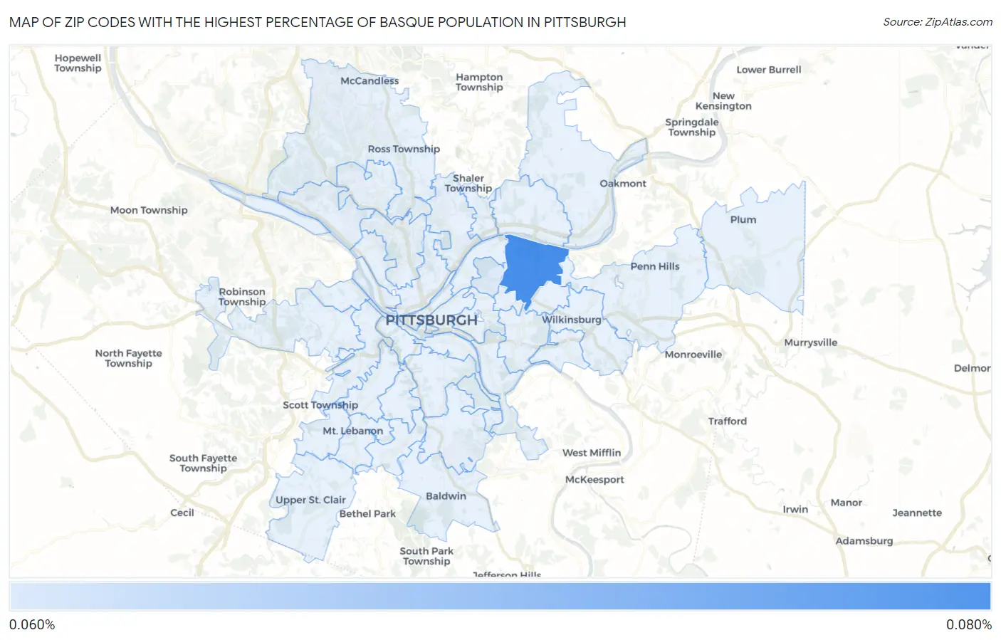 Zip Codes with the Highest Percentage of Basque Population in Pittsburgh Map