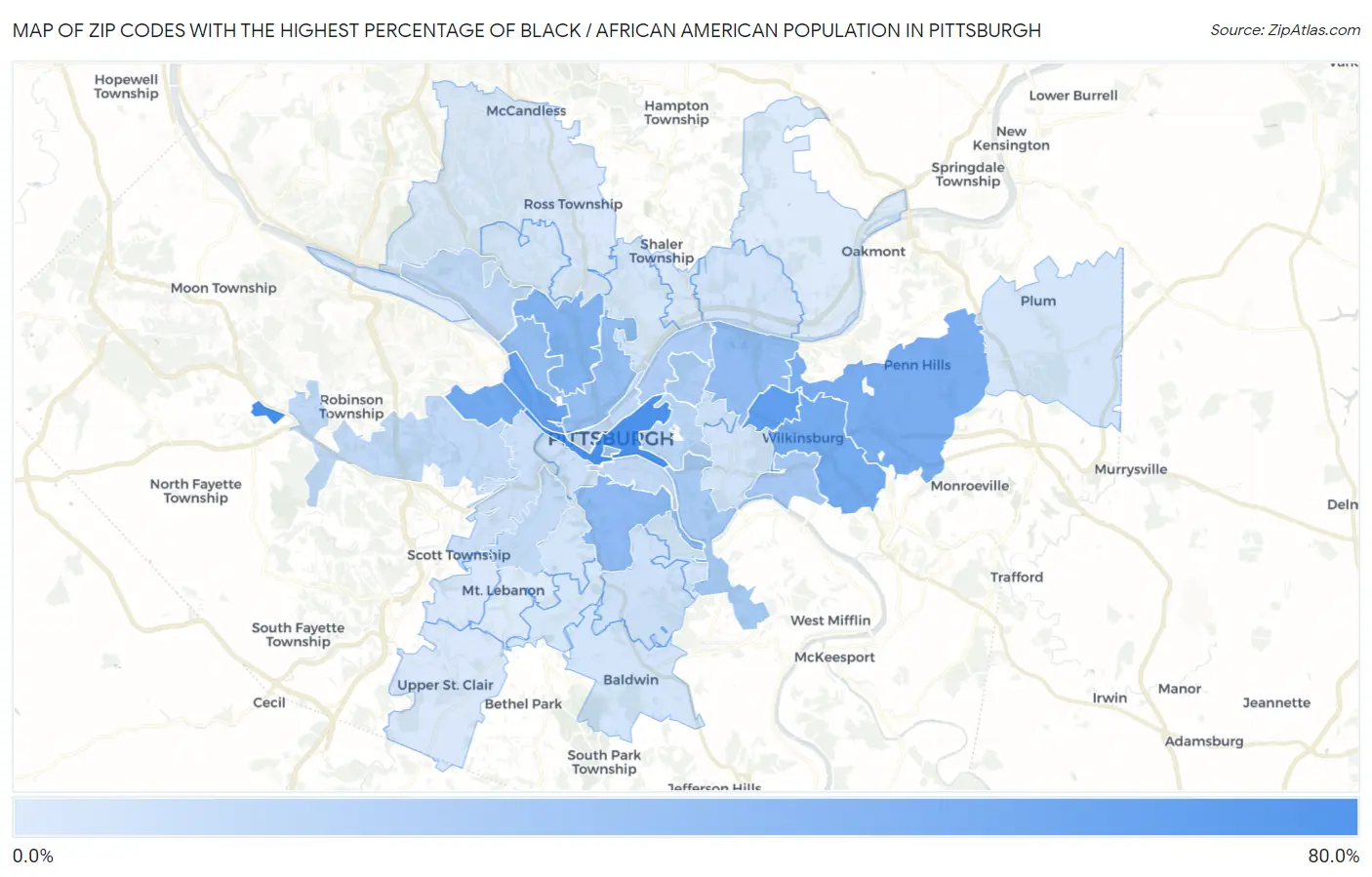 Zip Codes with the Highest Percentage of Black / African American Population in Pittsburgh Map