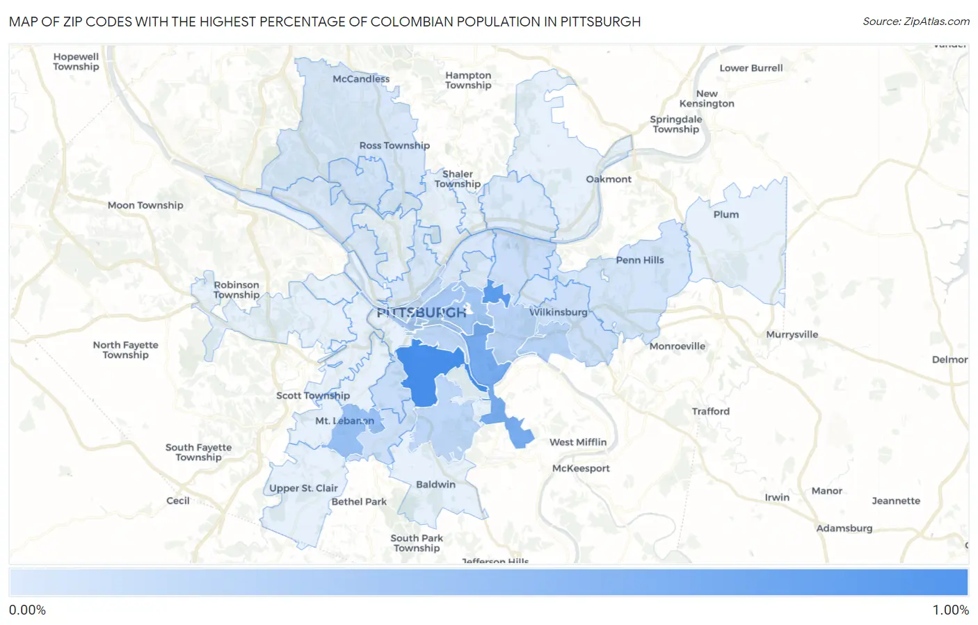 Zip Codes with the Highest Percentage of Colombian Population in Pittsburgh Map
