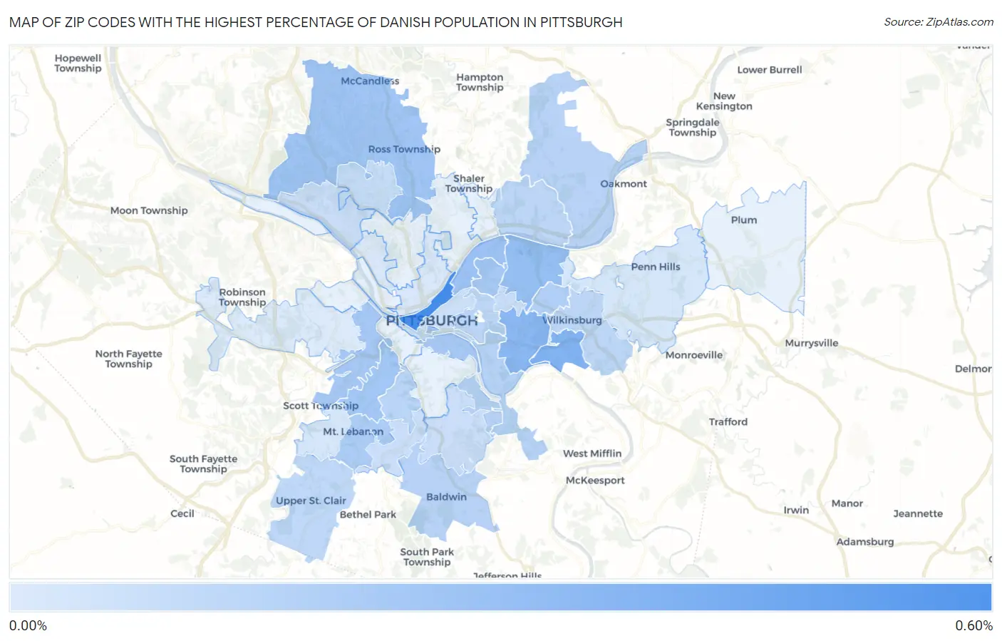 Zip Codes with the Highest Percentage of Danish Population in Pittsburgh Map