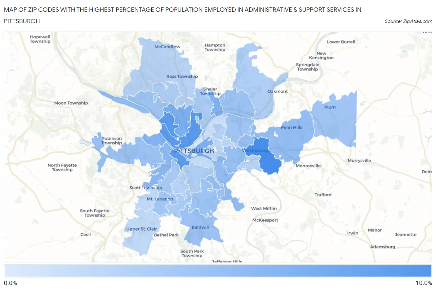 Zip Codes with the Highest Percentage of Population Employed in Administrative & Support Services in Pittsburgh Map