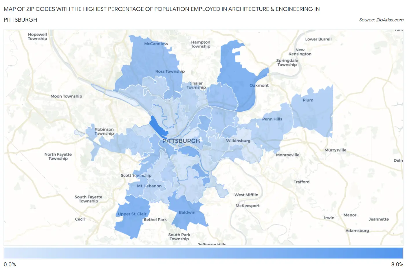 Zip Codes with the Highest Percentage of Population Employed in Architecture & Engineering in Pittsburgh Map