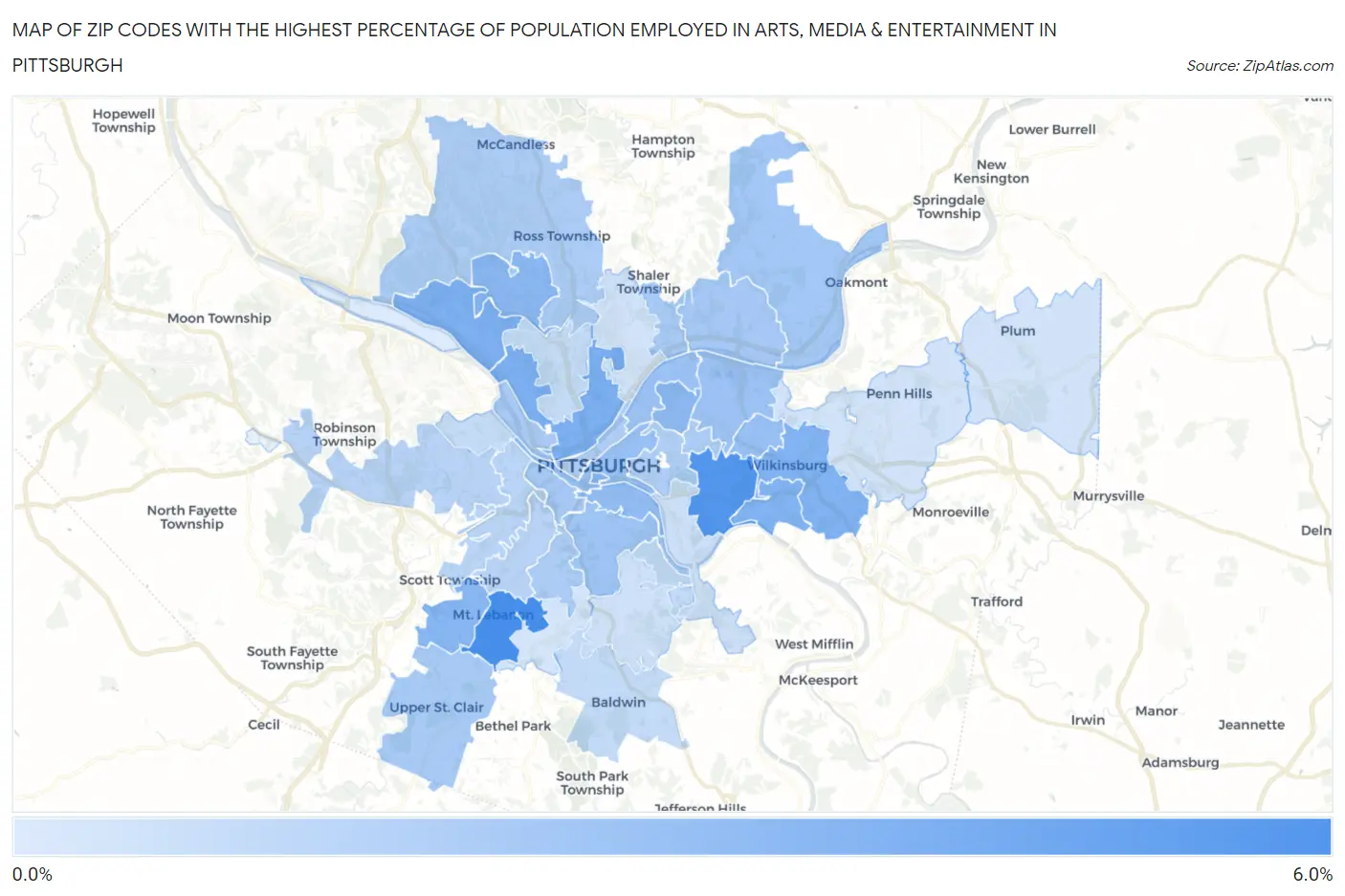 Zip Codes with the Highest Percentage of Population Employed in Arts, Media & Entertainment in Pittsburgh Map