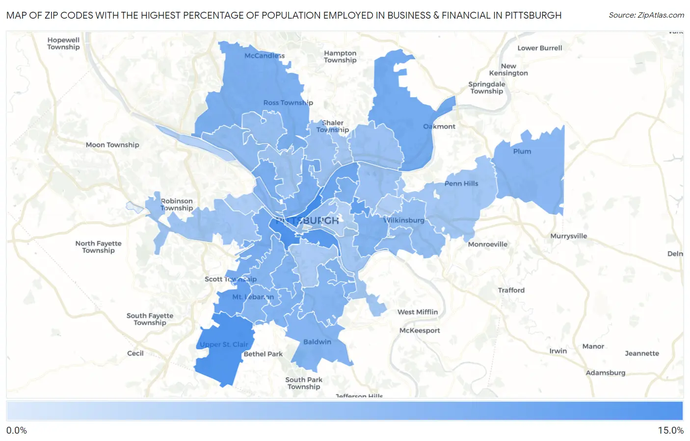 Zip Codes with the Highest Percentage of Population Employed in Business & Financial in Pittsburgh Map