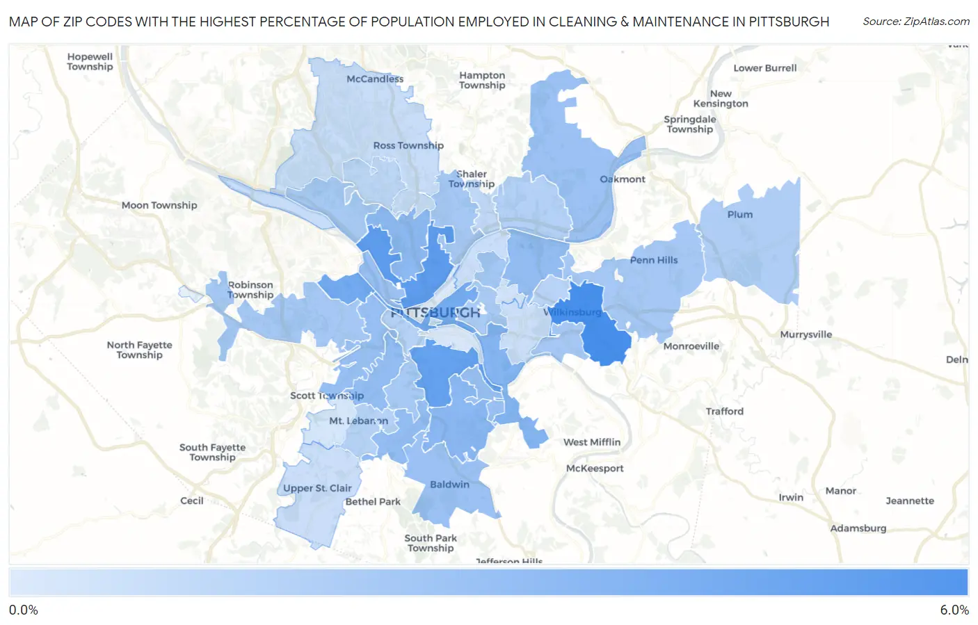 Zip Codes with the Highest Percentage of Population Employed in Cleaning & Maintenance in Pittsburgh Map