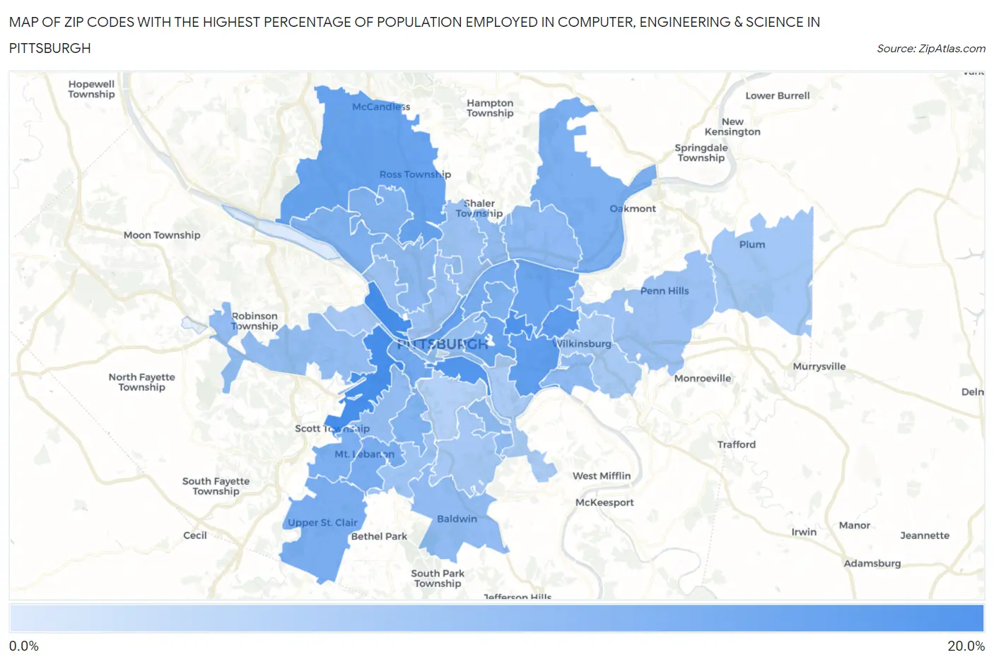 Zip Codes with the Highest Percentage of Population Employed in Computer, Engineering & Science in Pittsburgh Map