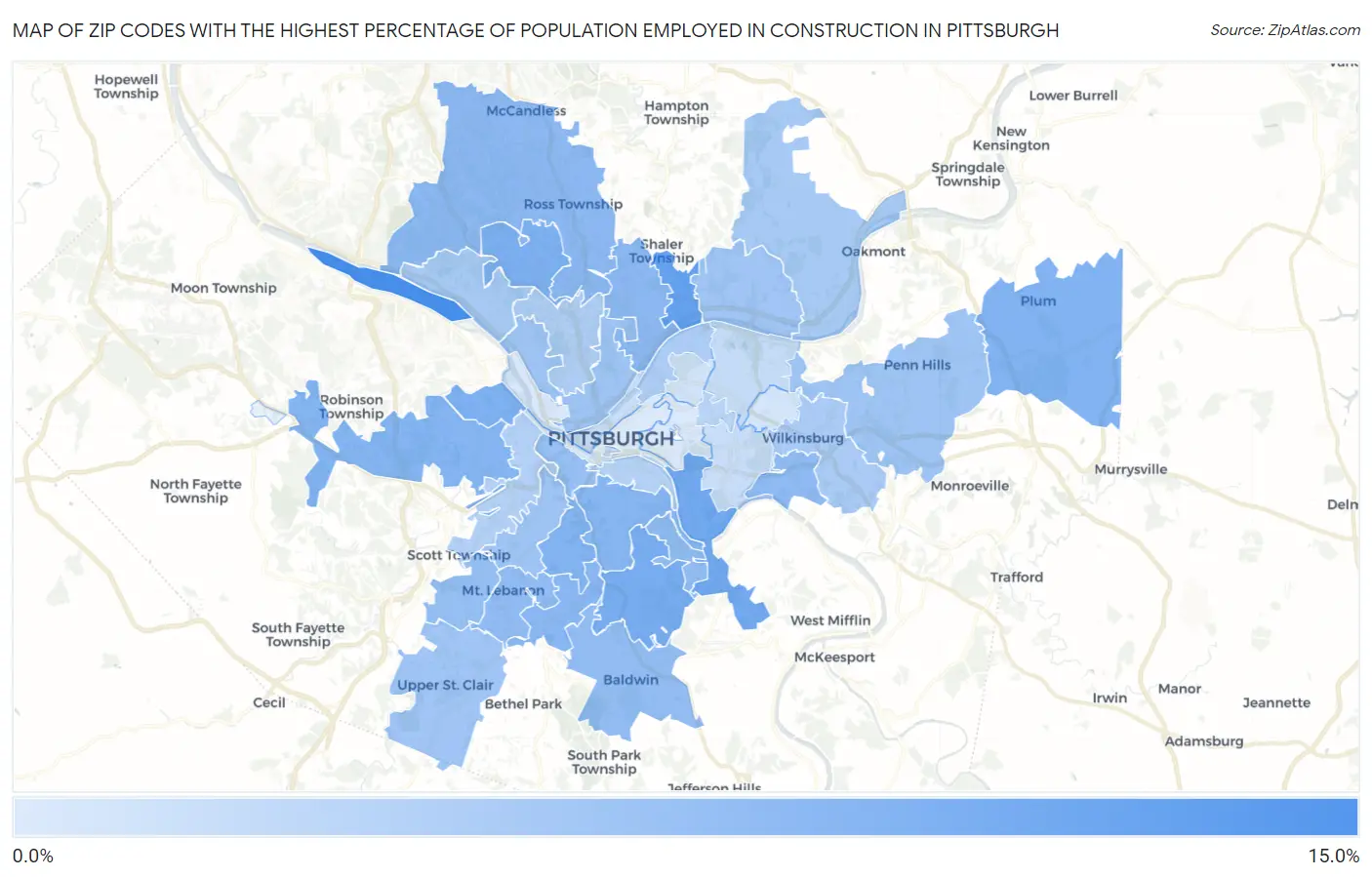 Zip Codes with the Highest Percentage of Population Employed in Construction in Pittsburgh Map